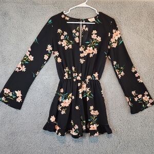 PINS AND NEEDLES Womens Small Black Floral Romper Urban Outfitters Open Back